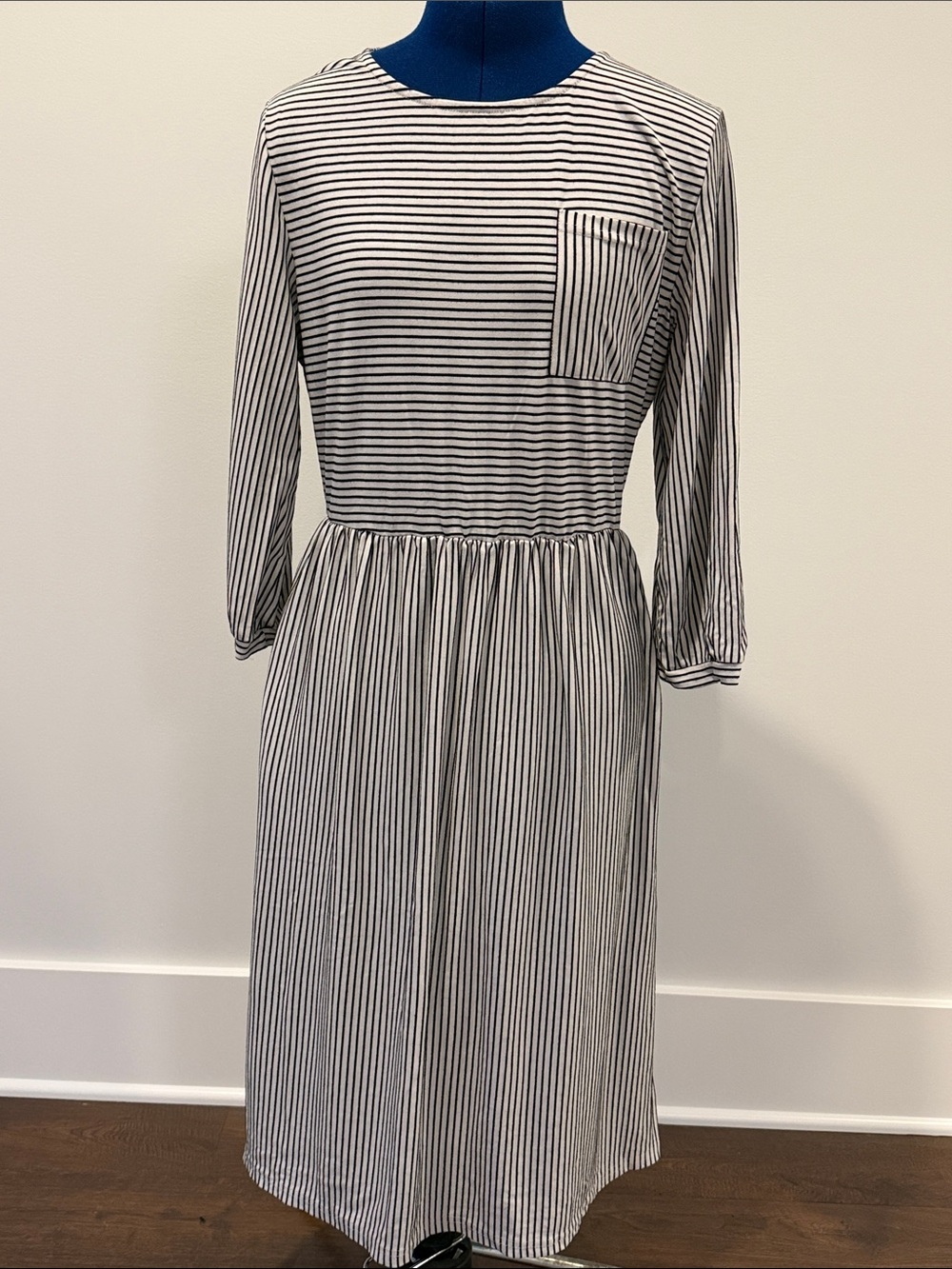 Striped Black and White Midi Dress with Chest Pocket